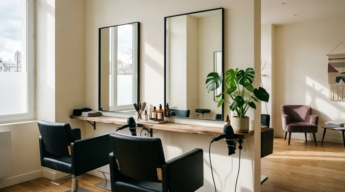 Salon de coiffure lumineux avec fauteuils et miroirs